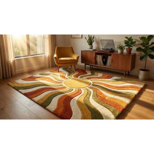 Retro 70s Sunburst Rug, Mid Century Modern Rug, Yellow and Orange Rug, Boho Sun Carpet, Hand Tufted Wool Mat, Groovy Aesthetic Decor