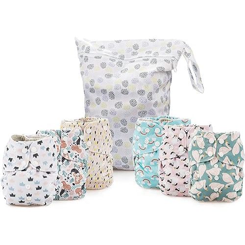Simple Being Reusable Cloth Diapers- One Size Adjustable, Washable Soft Absorbent, Waterproof Cover, Eco-Friendly Unisex Baby Girl Boy, six 4-Layers Microfiber Inserts (Whimsical)