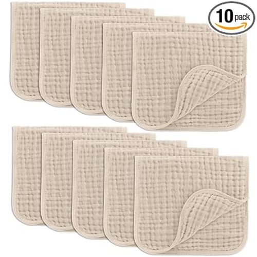 Comfy Cubs Muslin Burp Cloths 20" x 10", Pack of 10 - Large, 6-Layer, Ultra Absorbent 100% Cotton for Baby Drool and Messes - Soft, Safe & Gentle Baby Burp Cloths for Boys & Girls - Sand