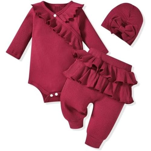 fioukiay Preemie Newborn Baby Girl Clothes Infant Girl Solid Ribbed Outfits Ruffle Romper and Pants 3PC Clothing Sets