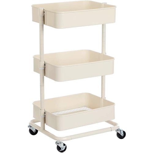 SONGMICS 3-Tier Metal Rolling Cart, Utility Cart, Kitchen Cart with Adjustable Shelves, Storage Trolley with 2 Brakes, Easy Assembly, for Kitchen, Office, Bathroom, Beige UBSC60WT