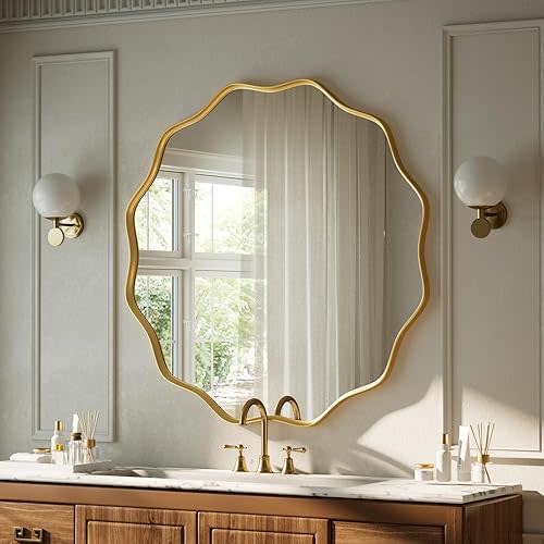 VooBang Gold Scalloped Circle Mirror, 24" Wavy Edge Round Wall Mirror with Tempered Glass Textured Circular Metal Deep Frame, Hanging Leaning for Bathroom, Hallway, Entryway, Livng Room