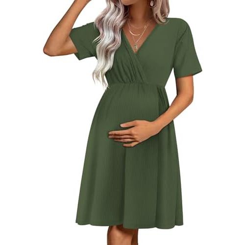 Ekouaer Maternity Nursing Dress V Neck Short Sleeve Breastfeeding Dresses Ribbed Knit Pregnancy Clothes S-XXL