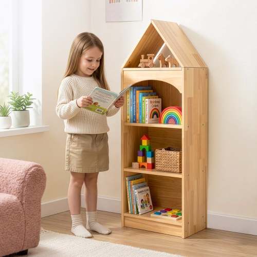 OOOK 4-Tier Rubberwood House Design Kids' Toy Storage & Bookshelf