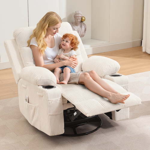 Oversized Swivel Recliner Chair with Massage & Heat, 360° Rocking Glider with Manual Recline, Cup Holders & Storage Pockets, for Living Room Nursery Bedroom, Brown Beige Gray - Walmart.ca