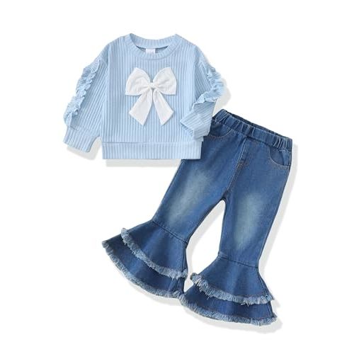 Renotemy Toddler Baby Girl Clothes Fall Winter Outfit, Bow Sweatshirt Denim Bell Bottom Jeans Outfits for 1-5 Year Girls