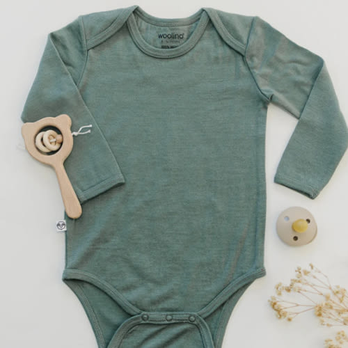Baby Bodysuit, Long Sleeve, Merino Wool, Sage