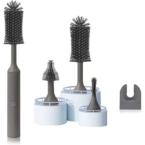 Electric Baby Bottle Brush Cleaner Set with Electric Bottle Brush, Silicone Water Bottle Cleaner,Nipple/Gap/Straw Brush,Rechargeable Automatic Bottle Cleaner Brush, Grey