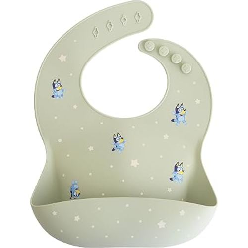 mushie x Bluey Silicone Baby Bib | Adjustable Fit Waterproof Bibs (Bluey Sage)