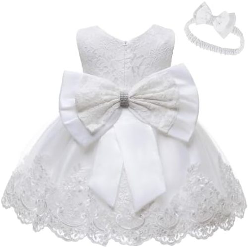 LZH Baby Girls Ruffle Lace Backless with Headwear,Bowknot Flower Dresses Pageant Party Wedding