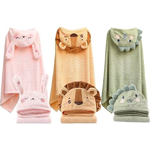 Toddler Hooded Bath Towels 27.5"X55" Unisex Baby Bath Towels Ultra Absorbent Soft Boys Girls Bath Towel 3-Pack Bathrobe Kids Shower Towel Set Gift for Babies, Infant, Newborn Essential