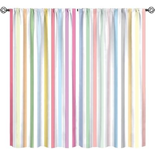 Stripe Curtains for Kids Room Decor, Striped Vertical Pastel Colorful Rainbow Pattern Window Treatments, Rod Pocket Thermal Insulation Drapes for Bedroom Living Room, 42" W X 54" L