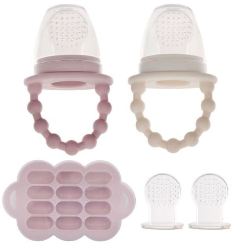 WeeSprout Silicone Baby Food Feeders + Freezer Tray for Batch Prep - Set of 2 (Matte Pink, Off White) + Matte Pink Tray