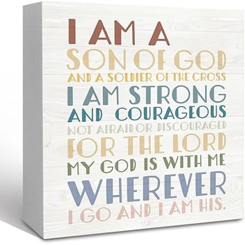 Christian 'I Am a Son of God' Wooden Box Bible Verse Sign - Boho Scripture Decor for Nursery Boys Room - 5x5 Inch