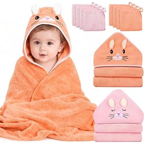 10 PCS Baby Bath Towels, 2 PCS Soft Hooded Towels & 8 PCS Washcloths - Ultra Soft, Super Absorbent, Cute Design for Newborns, Infants & Toddlers - Ideal for Bath, Swimming & Daily Care