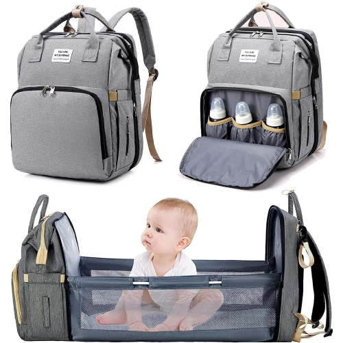 Baby Diaper Bag Backpack - Multifunctional Baby Changing Bag with USB Charging Port, Large Capacity Waterproof Travel Diaper Backpack with Changing Station (Gray)