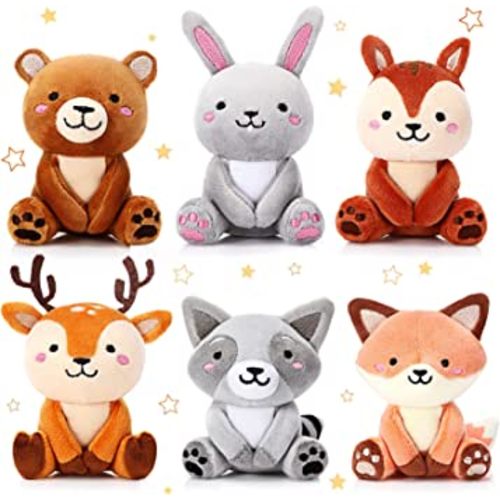 Aoriher 6 Pcs Mini Woodland Animals Plush Toys Bulk 4 Inch Cute Plush Bear Rabbit Squirrel Raccoon Stuffed Keychain for Baby Shower Birthday Party Supplies Table Centerpiece Decors(Woodland)
