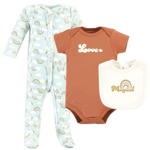 Hudson Baby Infant Girl Cotton Sleep And Play, Bodysuit And Bandana Bib Set, Magical Rainbow, 6-9 Months