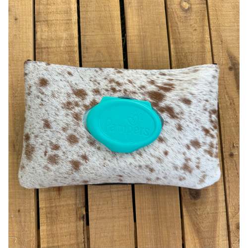 White and brown speckled hair on hide baby wipes case
