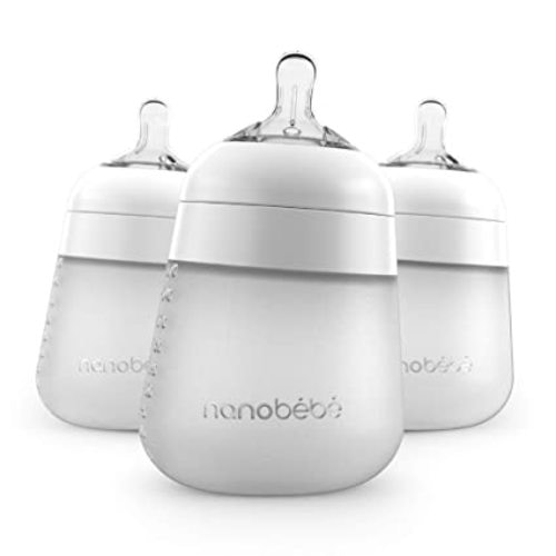 Nanobébé Flexy Silicone Baby Bottle, Anti-Colic, Natural Feel, Non-Collapsing Nipple, Non-Tip Stable Base, Easy to Clean, 3-Pack, White, 9oz