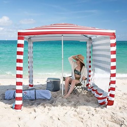 CROWN SHADES Beach Cabana 6.5 x 6.5, Cool Cabana Beach Tent Easy Pop Up - Beach Cabanas for Sand - UPF50+ Protection with Sidewall and More Pockets, Red