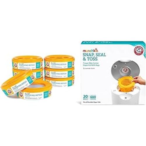 Munchkin® Arm & Hammer Diaper Pail Refill Rings, 2,176 Count, 8 Pack (272 Count each) & Arm and Hammer Diaper Pail Snap, Seal and Toss Refill Bags, Holds 600 Diapers, White 20 Count
