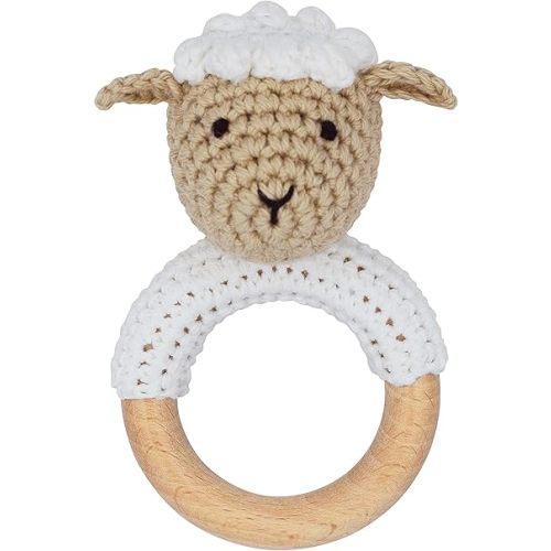 Natural Wooden Baby Rattle Soft Shaker Toy with Teething Ring for Infants Cream Lamb
