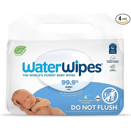 WaterWipes Plastic-Free Original-baby Wipes, 99.9% Water Based Wipes, Unscented & Hypoallergenic for Sensitive Skin, 240 Count (4 packs), Packaging May Vary - 60 Count (Pack of 4)
