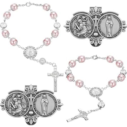 Frienda 4 Pcs Car Rosary Saint Benedict Rosary Rearview Mirror Hang Auto Rosary with Car St Christopher Visor Medal Cross Religious Accessory Bless Safety Gift for Truck Bike Driver(Pink)