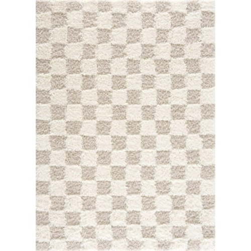 Boutique Rugs Atira Modern Checkered Shag Area Rug - High Pile Fluffy Shaggy Carpet for Kids Room, Nursery, Living Room, Bedroom - Beige, Cream, White - 5'3" x 7'3" (5x7)