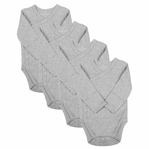 Baby Side Snap Bodysuit Set, 100% Cotton Boy Girl Unisex Kimono Onesie, 4 Pack - Gray - Long Sleeve - 0-3 Months