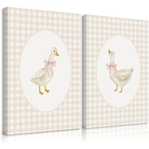 Nursery Goose Wall Art Girl Coquette Canvas Wall Decor Baby Room Wall Art Pink Bow Pictures Vintage Prints Duck Gingham Poster Girl Nursery Painting for Bedroom Living Room 12x16x2 Inch Ready to Hang
