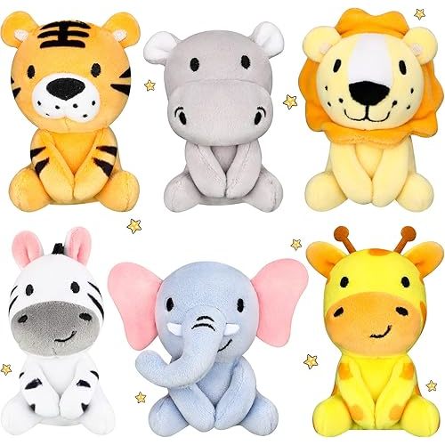 6 Pcs Mini Stuffed Forest Animals Jungle Bulk Plush Animal Toys 4 Inch Cute Plush Elephant Lion Giraffe for Baby Shower Christmas Birthday Gift Stuffer Toy Themed Party Decoration(Lovely)