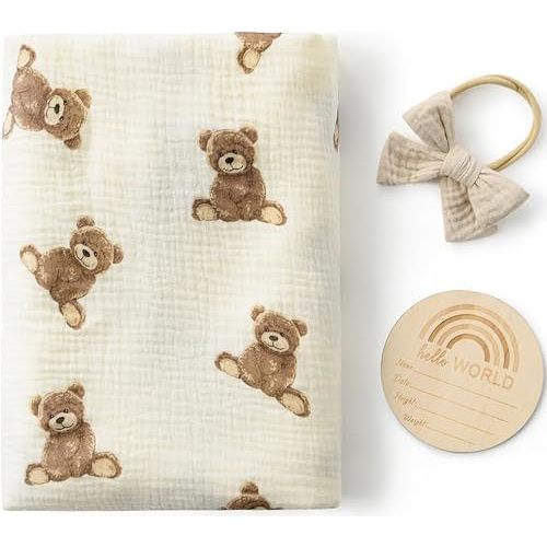 Little Jump Baby Muslin Swaddle Blankets for Neutral Boys Girls, Newborn Swaddle Set with Matching Headband Bow, 47 x 47 inches Teddy Bears Print Hospital Home-Coming Baby Announcement Blanket.