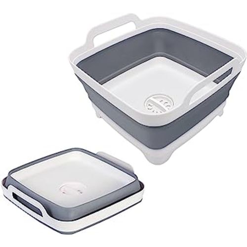 2.4 Gal(9L) Collapsible Dish Basin with Drain Plug, Space Saving Outdoor Multiuse Foldable Sink Tub, Dishpan, Kitchen Storage Tray for Camping, Vegetable Washing, RV (Gray)
