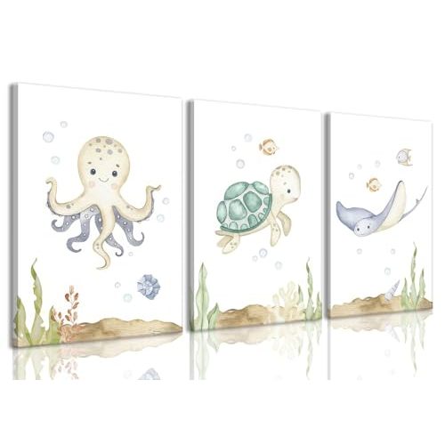 Wodkwq Ocean Nursery Decor,Nursery Wall Decor,Kids Bathroom Decor,Under The Sea,Boys Room Sea Animal Wall Art Picture Canvas Prints Set of 3,Bedroom 12x16in Framed