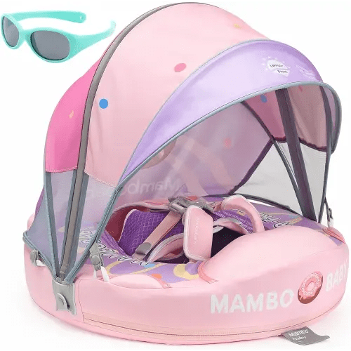 Mambobaby Newest Non Inflatable Baby Float Size Improved Add Tail Avoid Flip Over Swim Trainer Solid Infant Pool Float with Canopy UPF 50+ Swim Ring