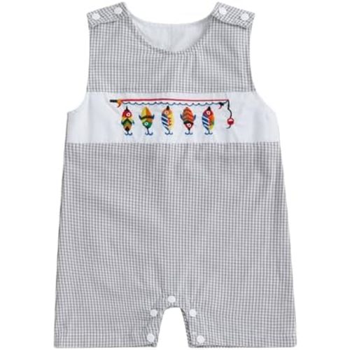 Karuedoo Newborn Baby Boy Summer Clothes Animal Embroidery Plaid Sleeveless Romper Jumpsuit Overall Bodysuit One-Piece Outfit