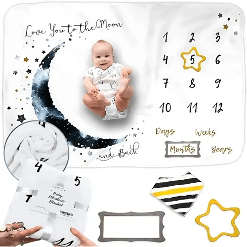 Luka&Lily Month Milestone Blanket- 60"x40" for Baby Boys - First Year Calendar Monthly Growth Chart, Moon - Shower Gifts