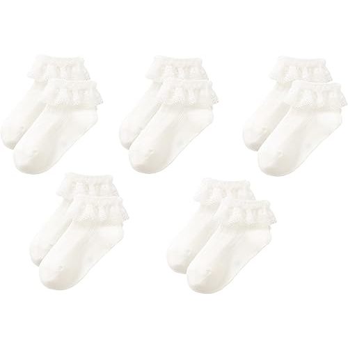 Gwenveni Toddler Girls Ruffle Lace Trim Cotton Socks Eyelet Frilly Dress Socks 5 -Pack