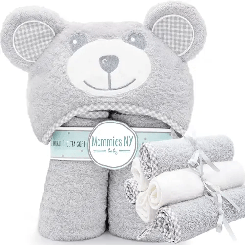 7 Pack Premium Baby Bath Towel and Washcloths Set - Organic Bamboo Cotton Hooded Towel for Boy or Girl - Cute Ears Hood - Large Size for Newborn Infant Toddler - Best Shower Gift - Grey Bear