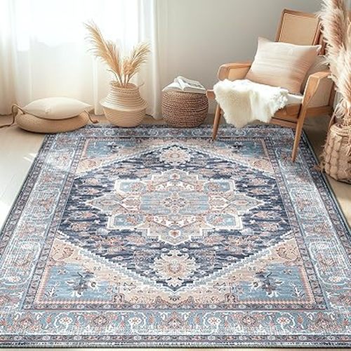 BESTSWEETIE 5x7 Area Rugs for Living Room Washable Non Slip Carpet Low Pile Soft Vintage Print Pattern Rug for Bedroom Dining Room Kitchen Entryway Indoor-Navy Blue/Light Blue/Natural/Brick