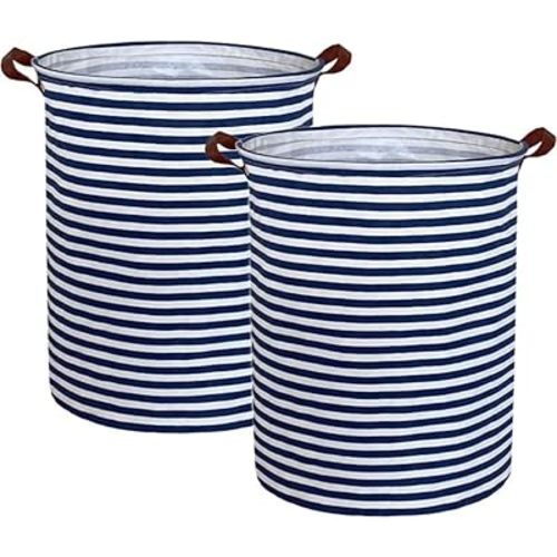 ESSME 2pack Kids Laundry Hamper,Boys laundry basket,Collapsible Bule storage basket with Waterproof PE Coating,Canvas Fabric Nursery Hamper for Kids Room Decor,Toy storage,Gift,Baby Clothing.(2pack Navy Blue stripes)