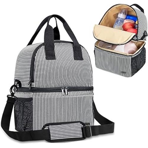 Teamoy Breast Pump Bag Tote with Cooler Compartment for Breast Pump, Cooler Bag, Breast Milk Bottles and More, Double Layer Pumping Bag for Working Moms, Black and White Stripes(Bag Only)