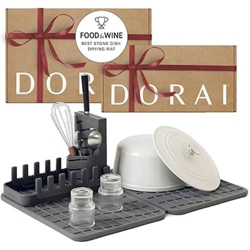 Dorai Home Collapsible Dish Drying Rack and Stone Dish Pad – Large Foldable Drying Rack with Instant - Dry Stone Mat –Space-Saving Drainer Rack for Kitchen Counter - 24.6" x 16.5", Slate