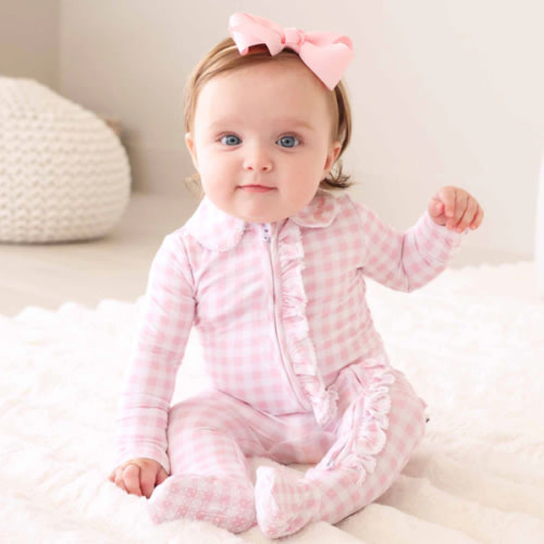 Peter Pan Collar Ruffle Zipper Footie in Rosy Gingham | Caden Lane