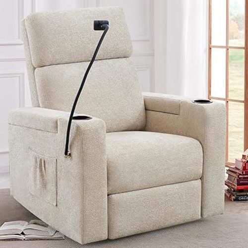 Power Recliner Chair Swivel Glider, Nursery Glider Recliner, Chenille Rocking Recliner Chair with Adjustable Phone Holder, Hidden Arm Storage, USB & Type-C for Living Room, Light Brown