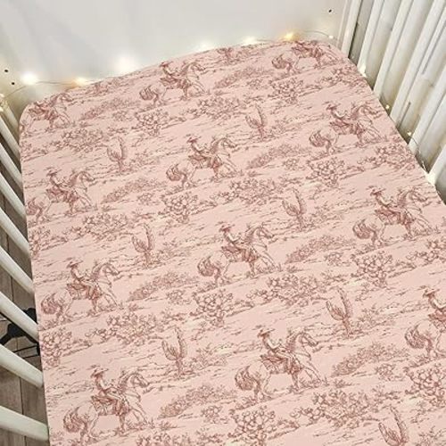 Vintage Pink Cowgirl Cactus Baby Crib Sheets for Boy Girl 52"x28" Western Cowgirl Love Soft Stretchy Fitted Crib Mattress Cover Wild Desert Baby Sheet for Standard Crib & Toddler Mattress Pads
