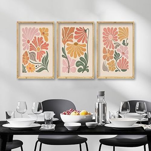 Boho Flower Wall Art Decor Set Of 3 16x11 Inch Vintage Floral Painting Poster Botanical Abstract Wood Framed Sign Prints For Bedroom Office Living Room Minimalist Plant Wall Hang (Wood)