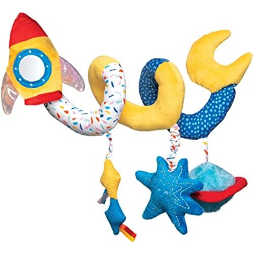 Manhattan Toy Space Themed Rocket Soft Baby Travel Spiral with Baby-Safe Mirror, Elastic Pull Cord & Rattle Chime - Spiral Rocket